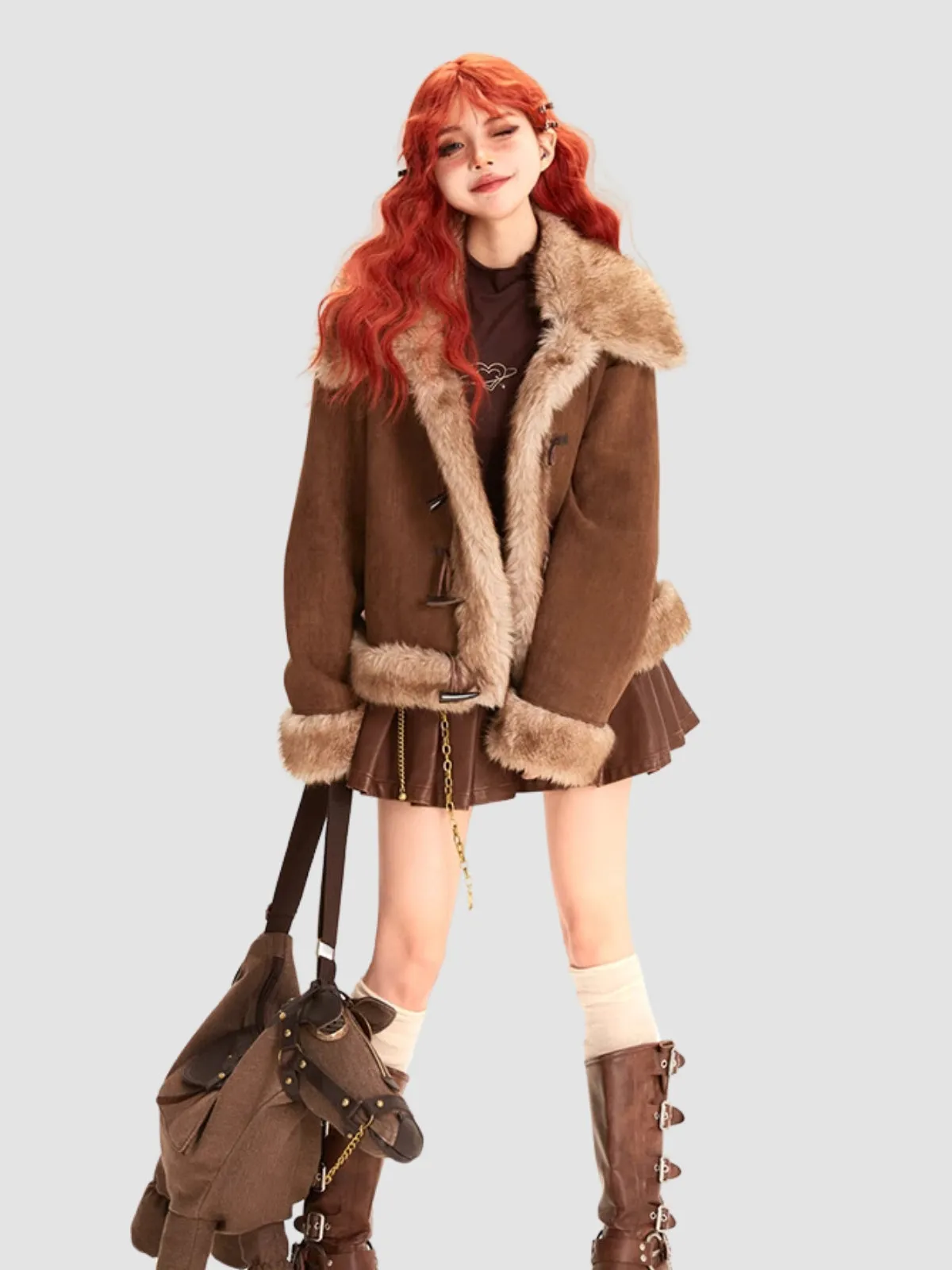 WLS Loose Plush Fur Collar Suede Jacket