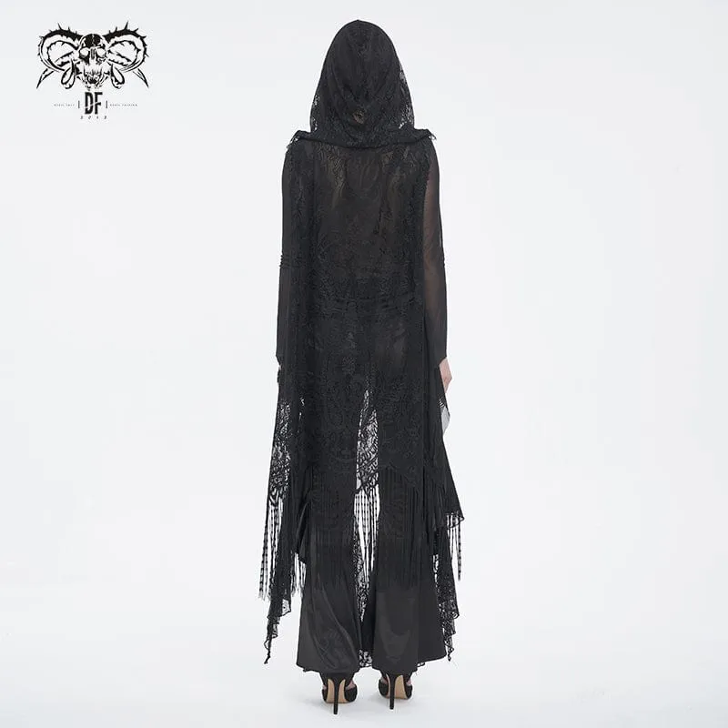 Women's Gothic Lace Mesh Back Floral Crocheted Cape with Hood