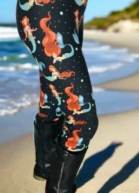 Womens Mermaid Leggings, Soft Yoga Pants, Sizes OS/TC, Yoga Waist, Black/Multi, Exclusive Leggings