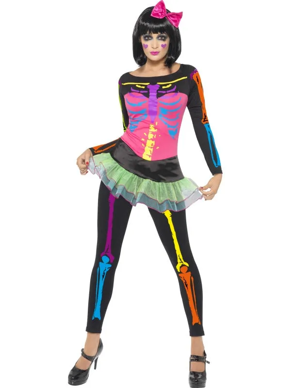 Womens Neon Skeleton Fancy Dress Costume Horror Fancy Dress