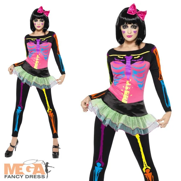 Womens Neon Skeleton Fancy Dress Costume Horror Fancy Dress